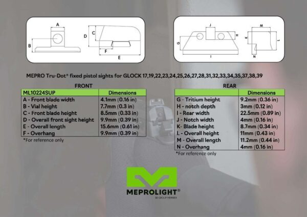 Meprolight Glock Tru-Dot® Night Sights, Suppressor Height Set for 9mm/357 Sig/40 SW/45 GAP Standard Frame-G/G-ML10224SUP G